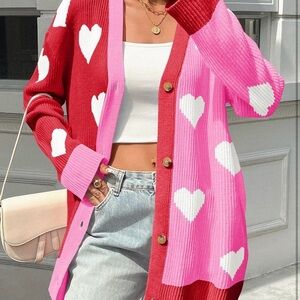 Heart Patterned Red and Pink Women's Sweater